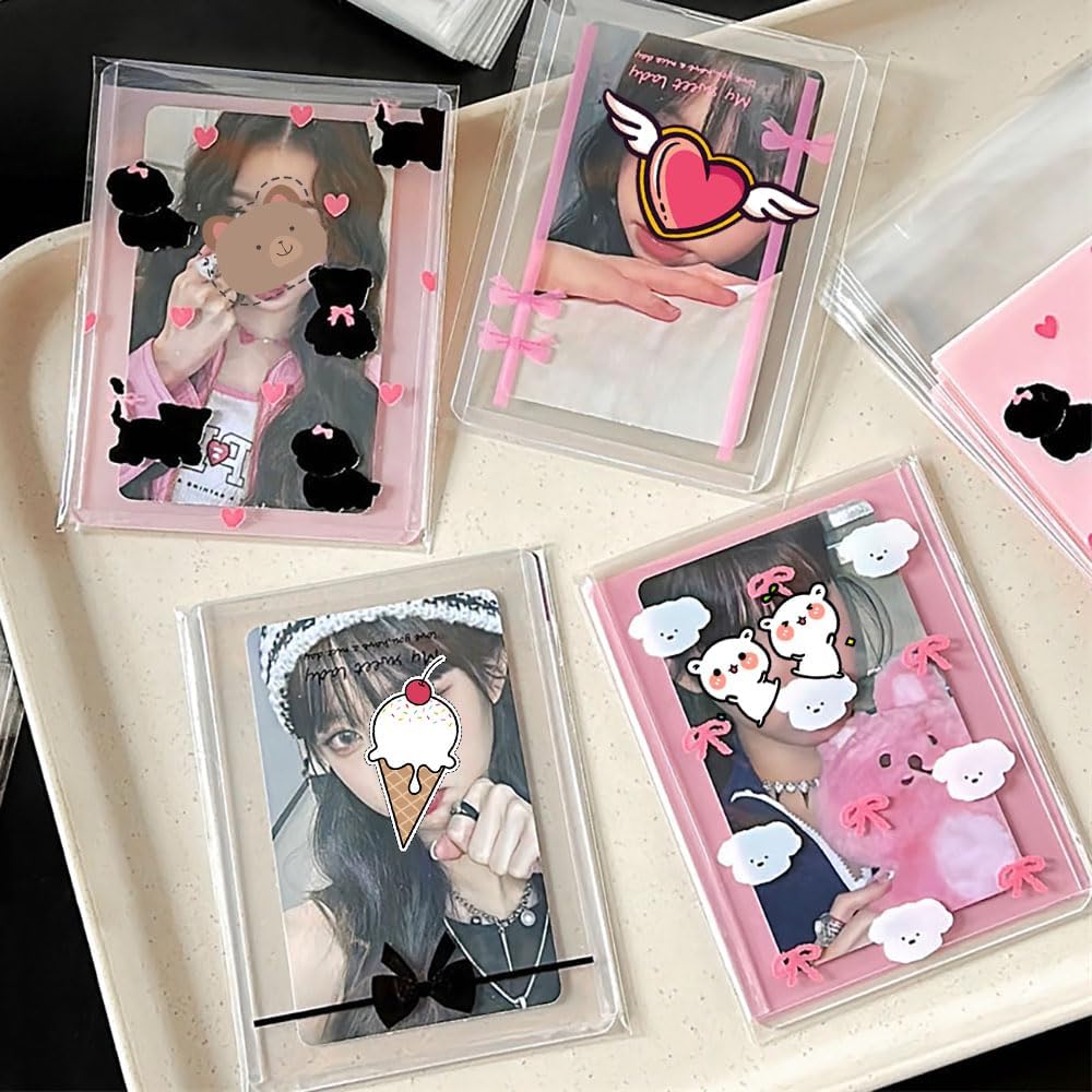 200 Pcs Resealable Cellophane Bags, Self-Adhesive Cookie, Candy & Dessert Bags - Small Pink Bow, Clear Candy Card Sleeves - Pack of 200