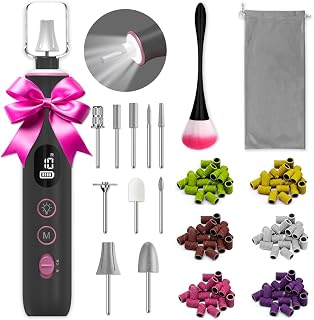 Electric Nail File, 10 Speeds Cordless Nail Drill with LED Light, Portable Manicure Pedicure Kit for Acrylic Gel Nails Thick Toenails Nail Grind, Hand Natural Nails Care - 10 Bits & 120 Sanding Bands