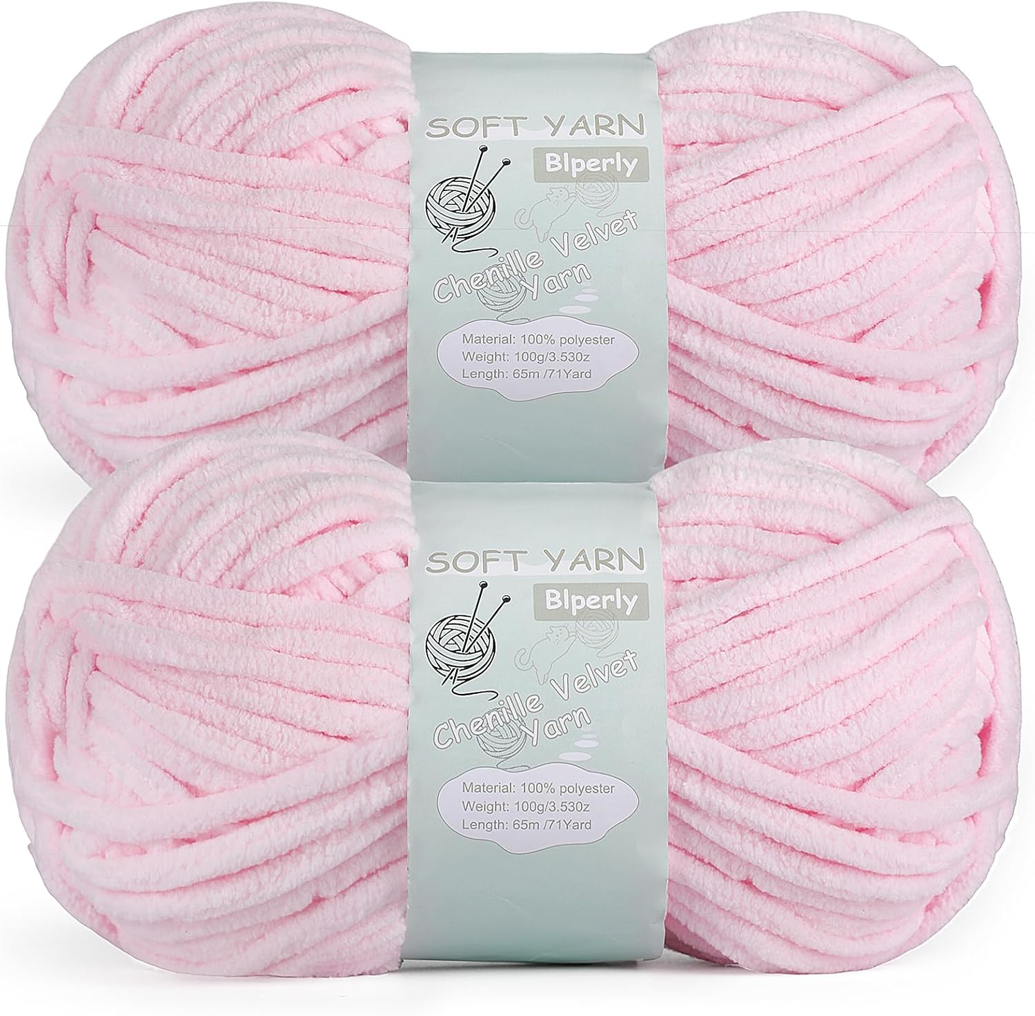 Chunky Chenille Yarn Velvet Soft Super Bulky Size 6 for Crocheting Knitting, Baby Blanket Yarn, 100g 71 Yds per Skein, Easy to Use for Scarves, Amigurumi, Crafts (2, Light Pink)