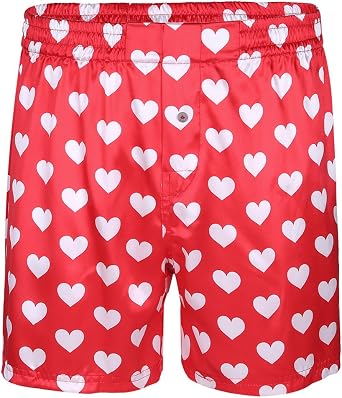 Hansber Mens Love Heart Print Boxers Shorts Silky Satin Elastic Waist Lounge Shorts Underwear Sleepwear