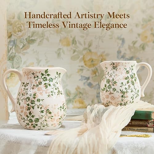 Miniatura 5 de Jarrón floral de cerámica verde y blanco con asa, jarrón rústico de granja, florero floral chinoiserie para decoración del hogar, sala de estar,