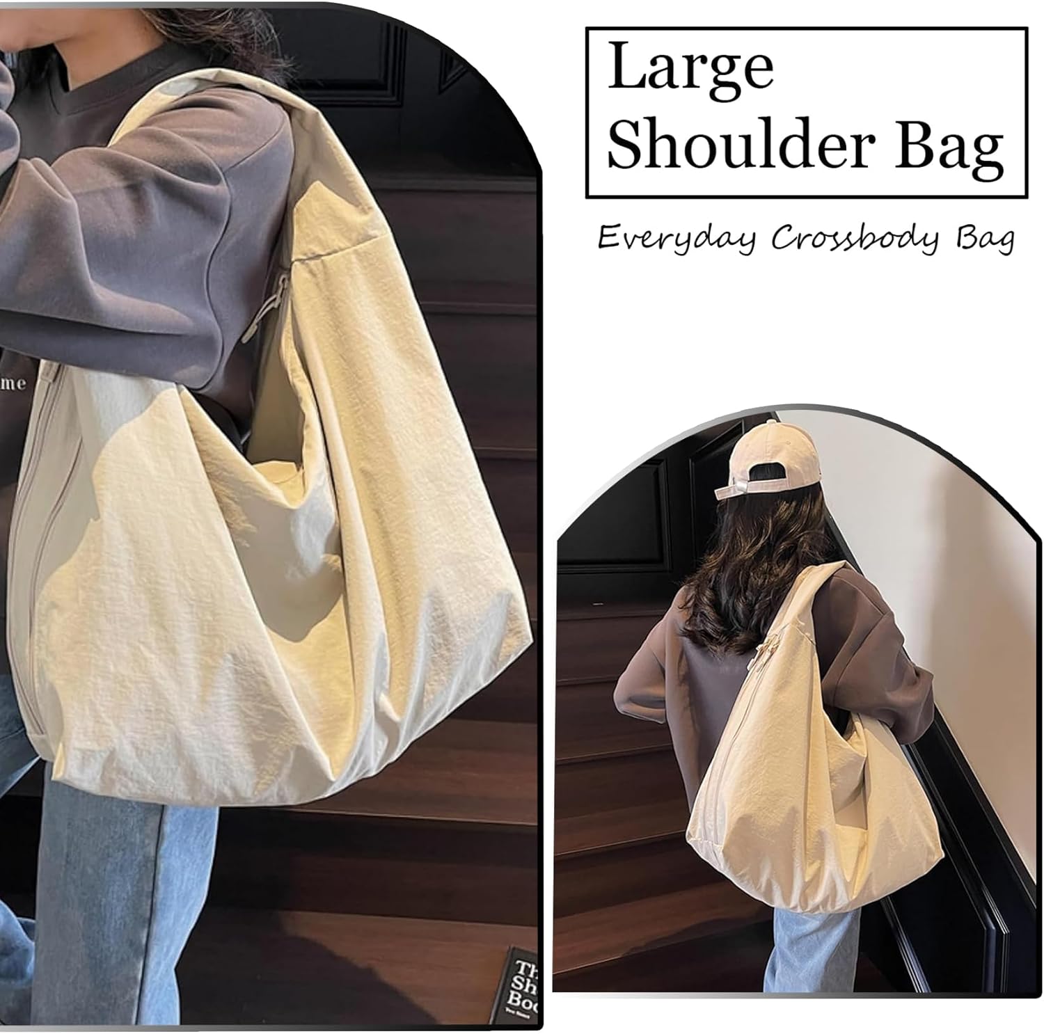 Slouchy Tote Bag Nylon Solid Pleated Handbag Large Hobo Bags for Women Multipockets Crescent Shoulder Bag - Image 2