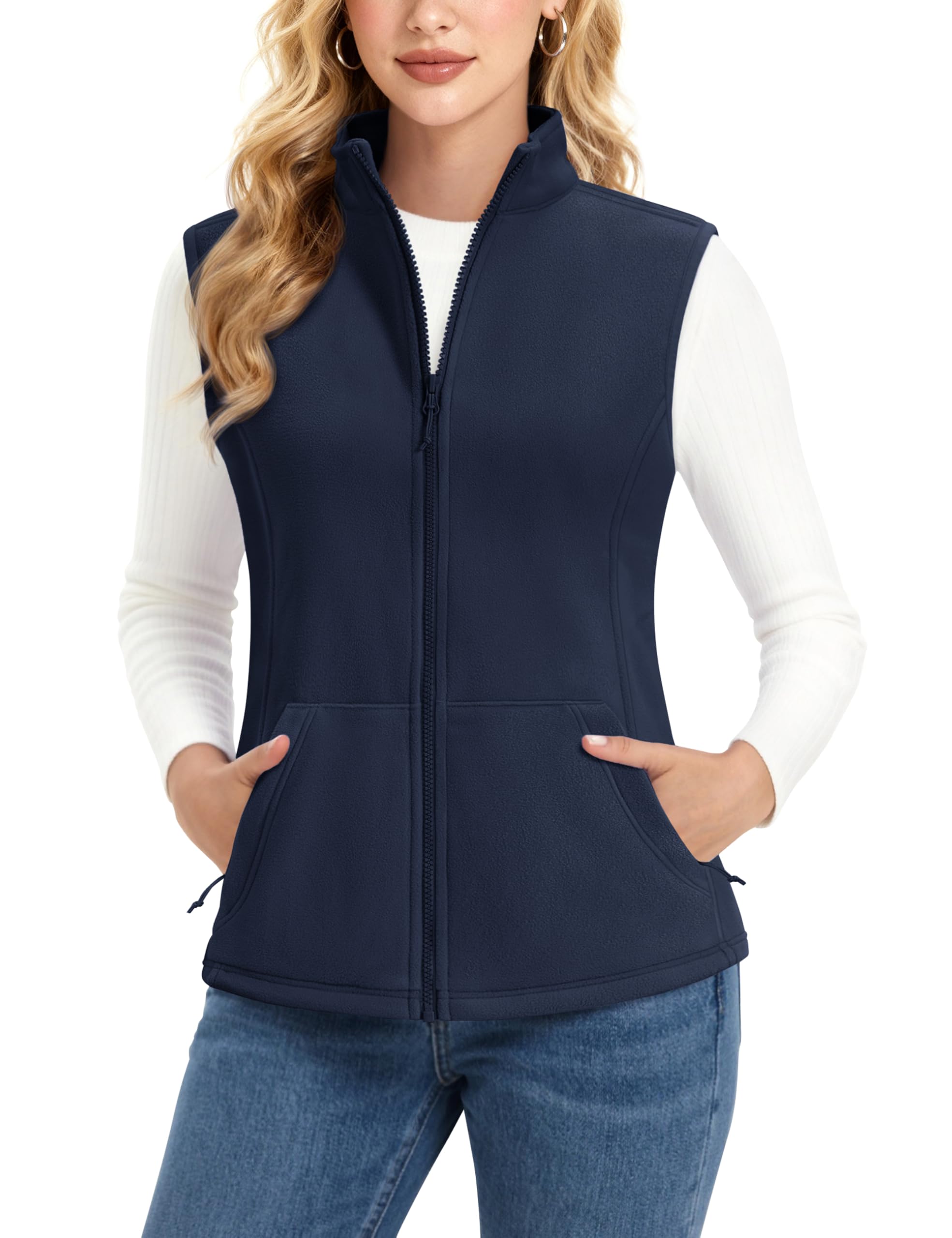 MAGCOMSEN Women's Fleece Vest Outerwear Sleeveless Lightweight Zip Jacket Warm Soft Hiking Running Vest Zipper Pockets Large Navy