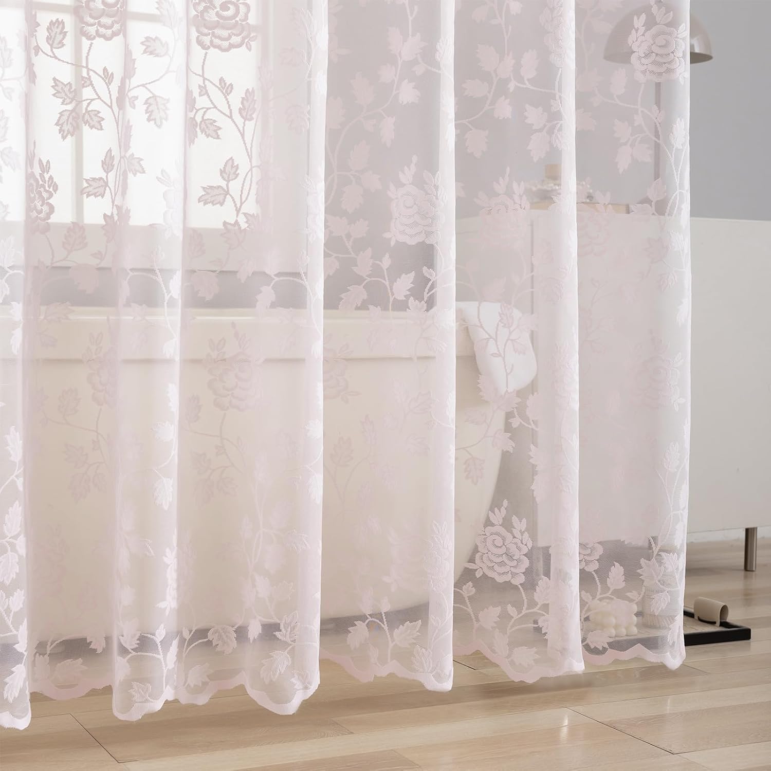 TERLYTEX Pink Lace Shower Curtain, 1 Panel, 72 x 72 Inch, Country Rustic Vine Floral Leaves Patterned Sheer Lace Shower Curtain with Attached Valance for Bathroom Vintage Farmhouse Decor