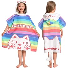 OLAOLA Kids Surf Poncho Beach Towel - Microfiber Striped Cat Hooded Wearable Swim Towel for Boys Girls Ages 3-12 Years