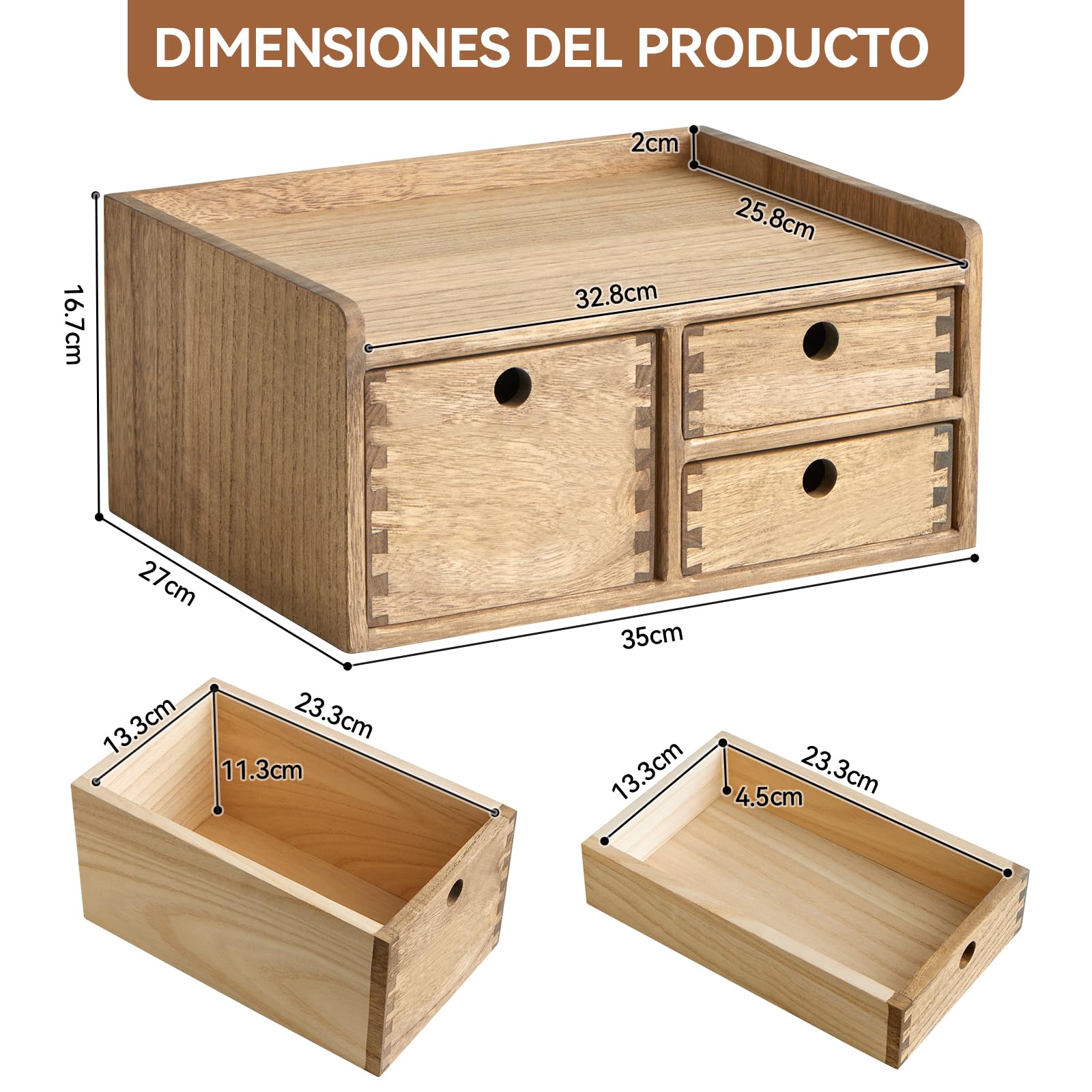 KIRIGEN Cajonera de Madera, Organizador de Escritorio, Marrón Oscuro | 35 × 27 × 16,7 cm, 3 cajones, 1 balda, madera maciza, hecho a mano, montado, acabado con aceite vegetal