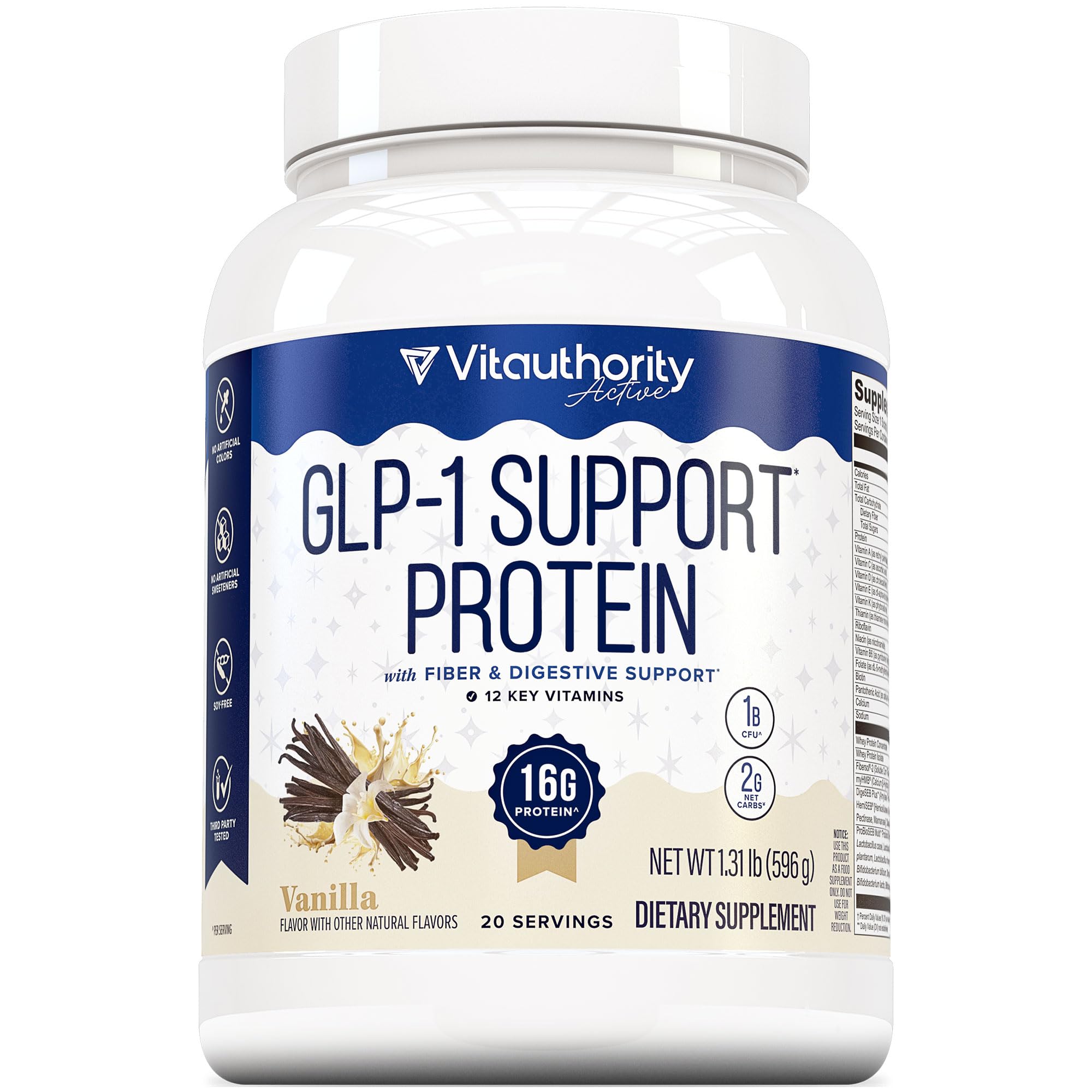 Vitauthority GLP-1 Support Whey Protein Powder Supplement with Fiber, Probiotics, & Digestive Enzymes | Supports Lean Muscle, Digestion, and Nutrient 12 Key Vitamins Vanilla Flavor 20 Servings