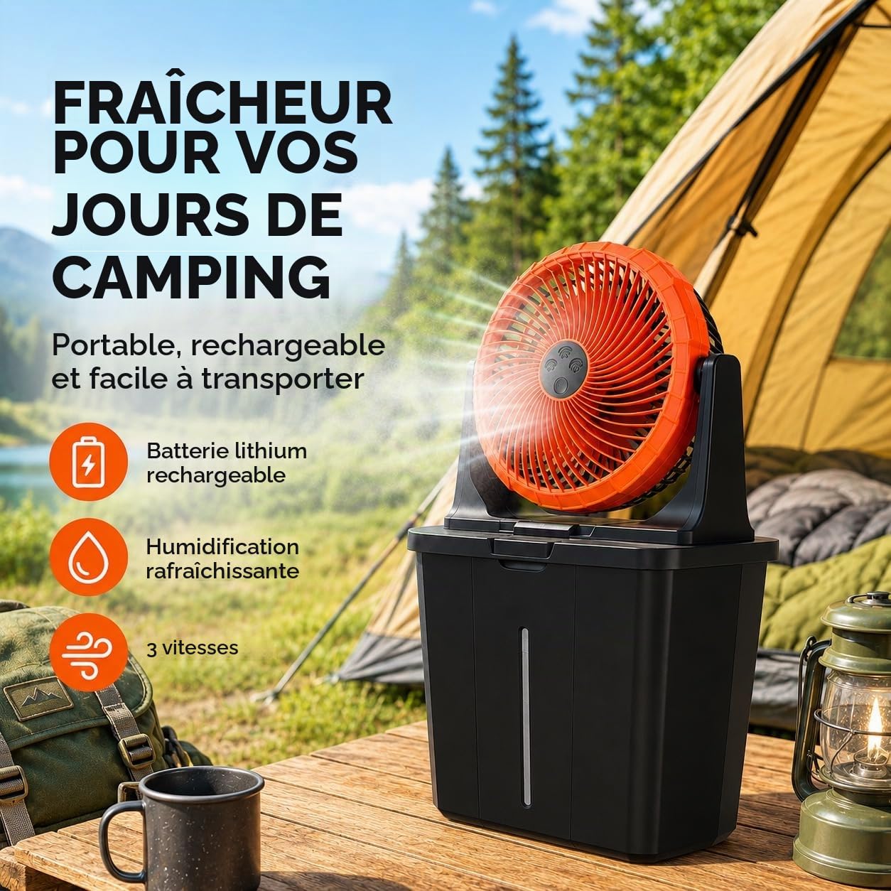 Ventilateur brumisateur rechargeable 10 W, réservoir de 9 L, 3 vitesses et 3 niveaux de brumisation, batterie rechargeable 16 000 mAh, USB-C, idéal pour la terrasse, le camping et la maison.