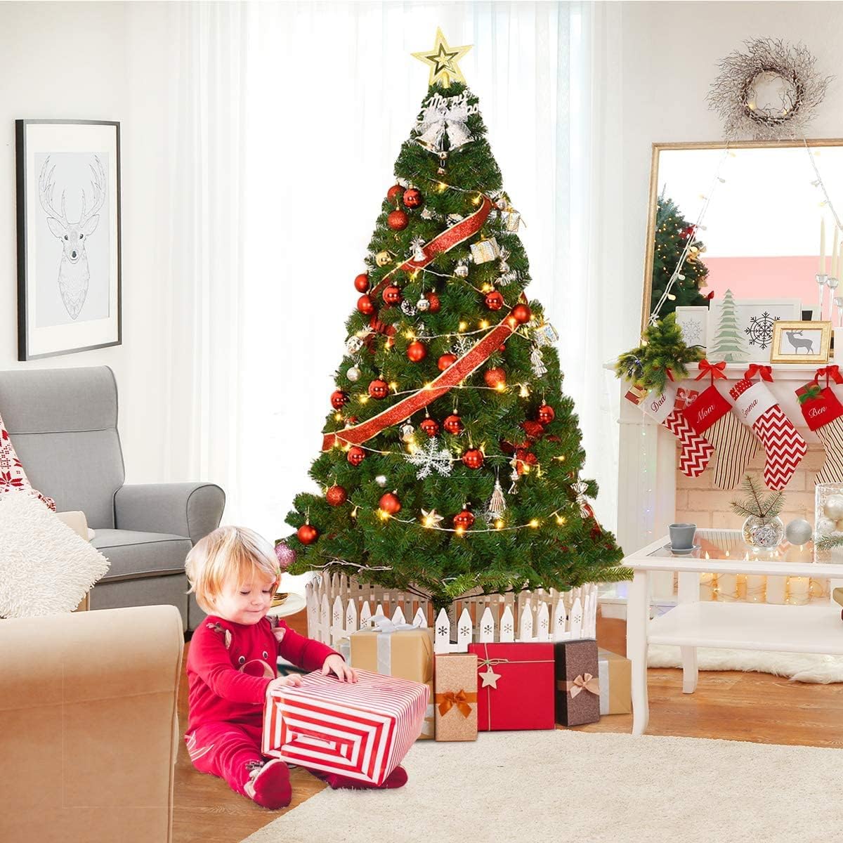 CHEFJOY Verdant Artificial Christmas Tree, Luxuriant Realistic Xmas Tree W/PVC Branch Tips & Folding Metal Stand, Unlit Life-Like Pine Tree for Festival Celebration & Parties Decoration