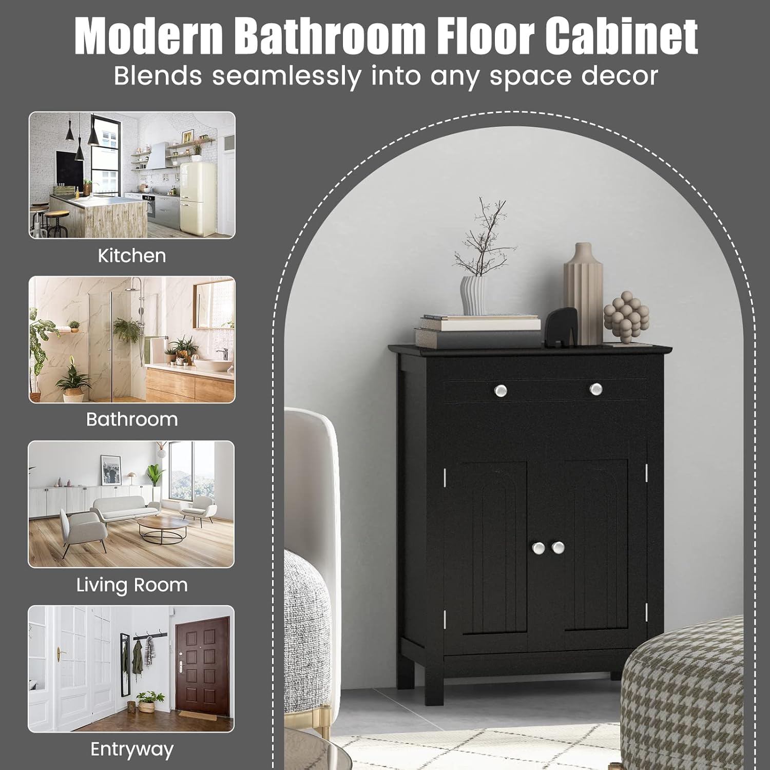 COSTWAY Bathroom Floor Cabinet, Wooden Side Storage Organizer w/Larger Drawer, Adjustable Shelf & 2-Door Cupboard, Freestanding Storage Cabinet for Living Room, Kitchen, Entryway (Black)