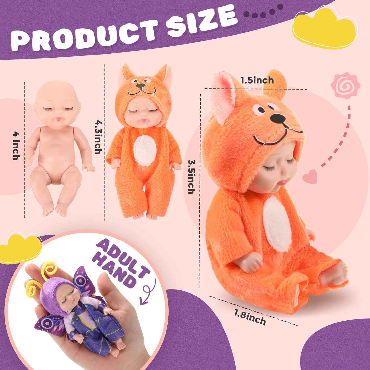 Hanaive 4 Pcs 4 Inch Mini Baby Dolls Lifelike Realistic Baby Dolls Animal Clothes Cute Tiny Gifts for Kids Birthday Party(Novelty Style)