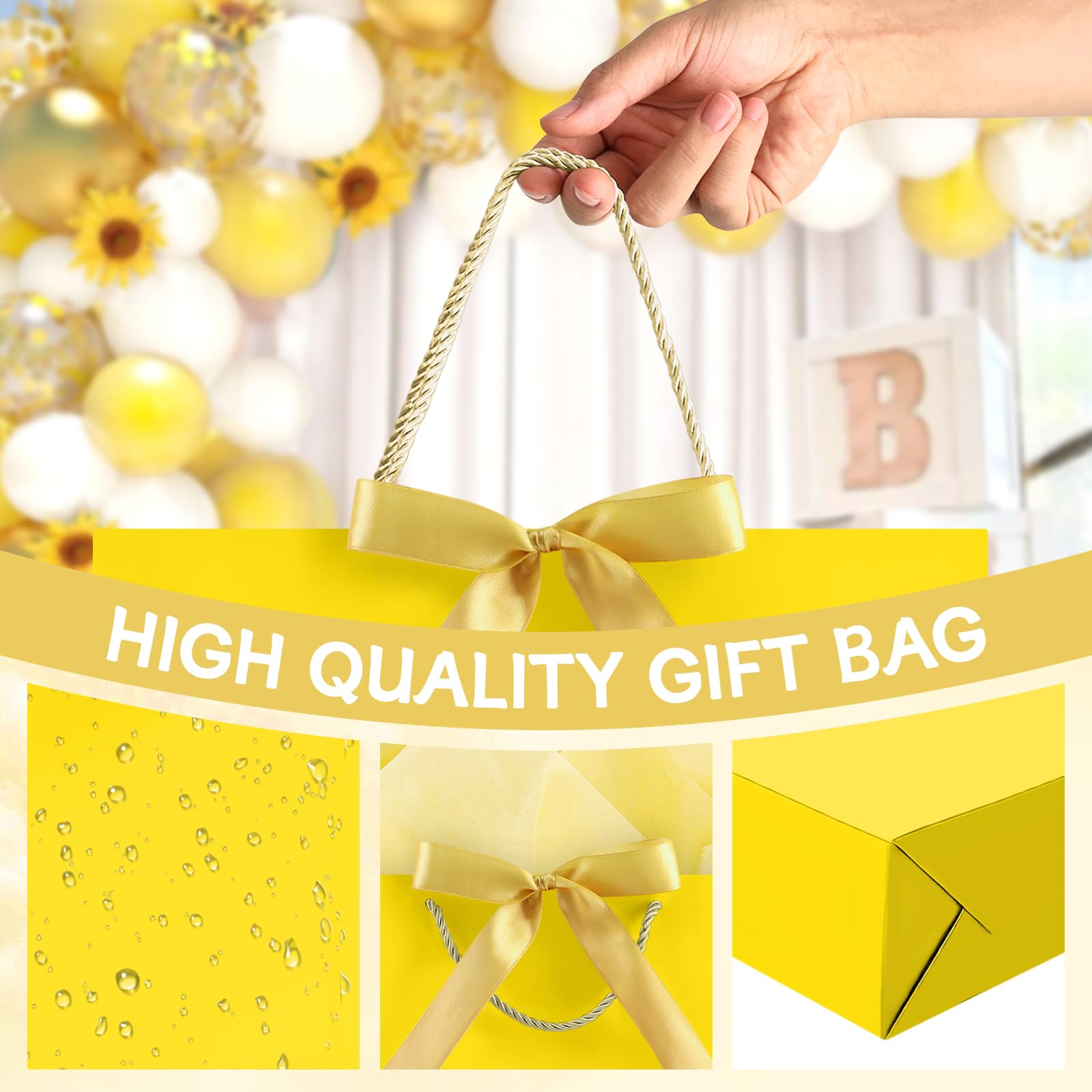 JMANNI Gift Bags with Handles, 13” Medium Gift Bag for Presents, 1 Pcs Bags with 2 Tissue Paper and 1 Cards for Baby Shower Wedding Bridal Shower Mother's Day Birthday Party (Yellow