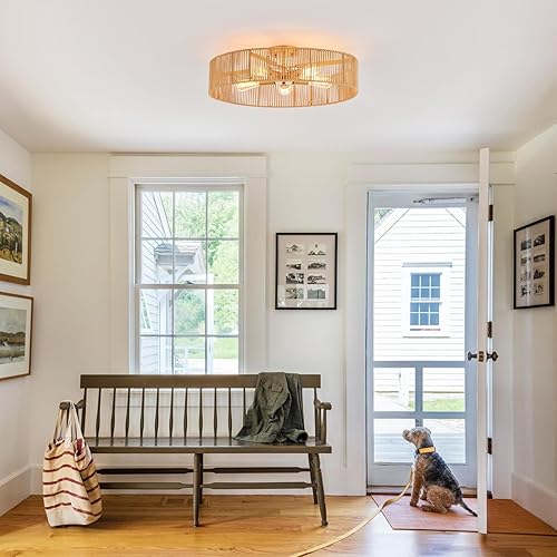 Miniatura 4 de Lámpara de techo de ratán natural de 24 pulgadas, lámpara de techo de latón antiguo, acabado de pintura, candelabro bohemio para porche, patio,