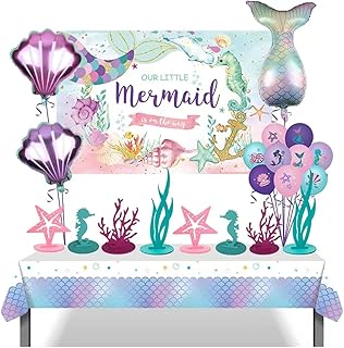 31Pcs Mermaid Birthday Decorations Under the Sea Party Supplies for Ocean Theme Little Mermaid Birthday Party Baby Shower Party Felt Table Centerpiece Background Cloth Balloons