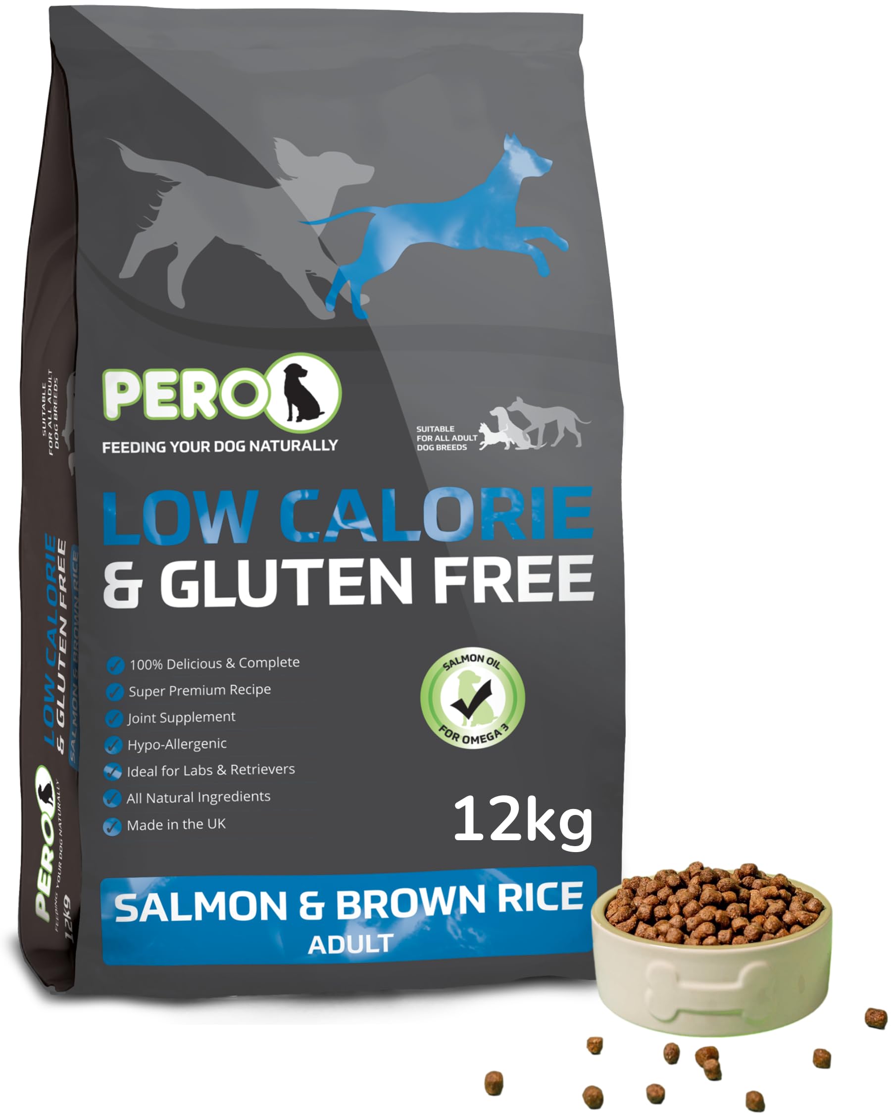 Pero Low Calorie & Gluten Free Dog Food – Salmon & Brown Rice – 33% Salmon, 15% Less Fat, Gentle Digestion, Joint Care (12kg)