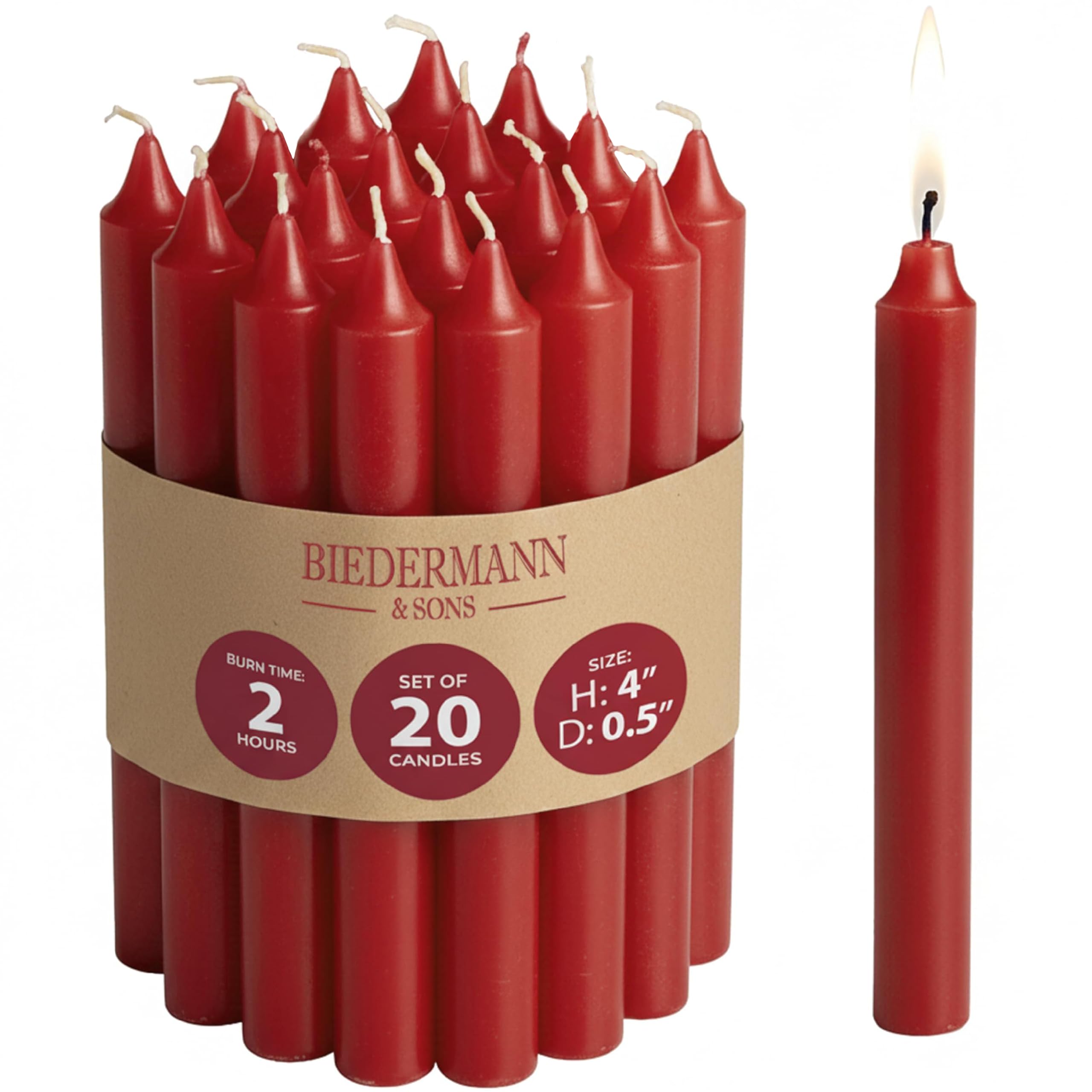 Red Chime Candles (Set of 20), Unscented Tree and Chime Tapers, 4 Inch Tall 0.5 Inch Diameter, 2 Hour Long Burning Dripless Paraffin, for Angel Chime Carousels and Holders