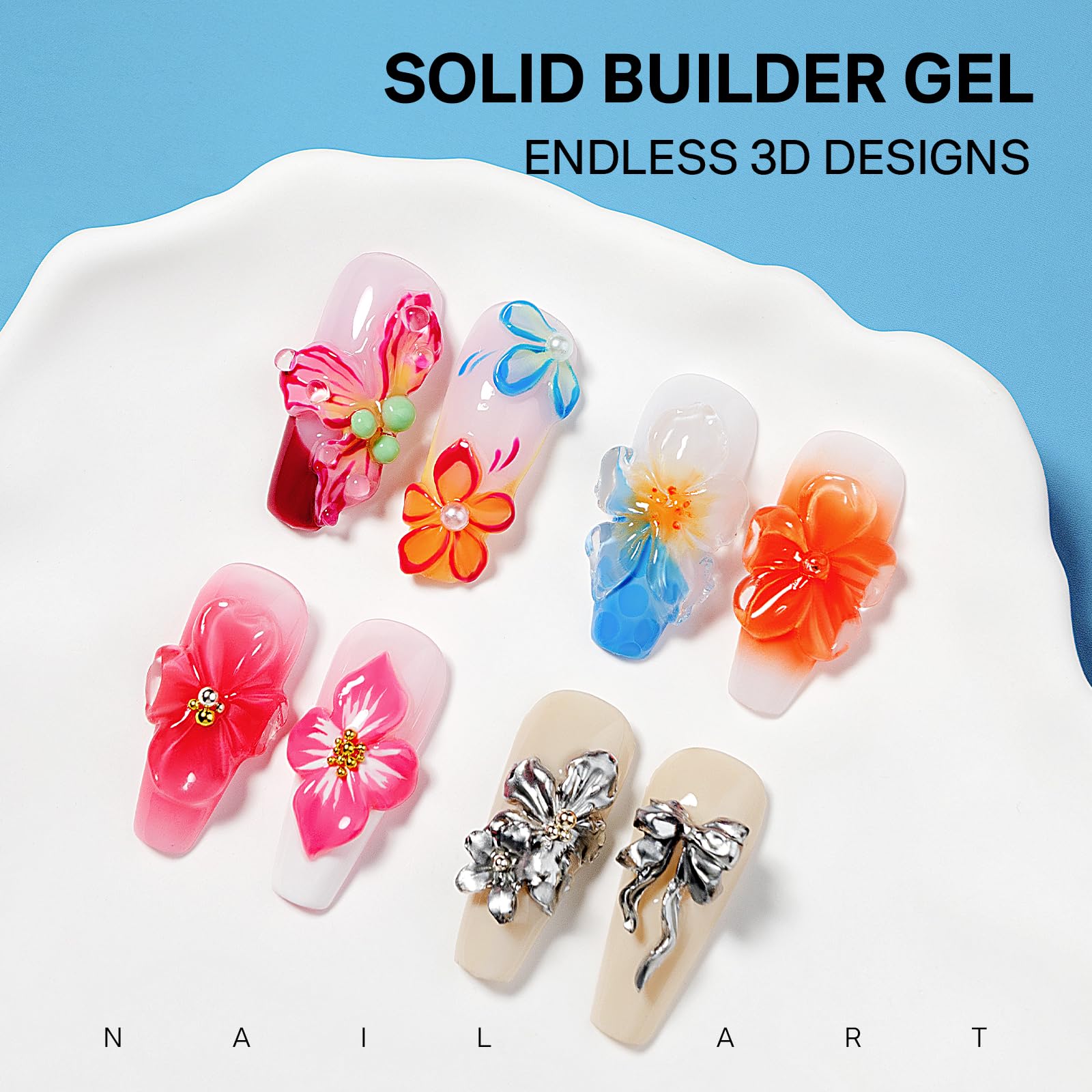 MIZHSE 3D Gel for Nails 3D Nail Gel, UV Solid Builder Gels, Non-stick Hand, Set including Gold & Silver Chrome Powder - Image 3