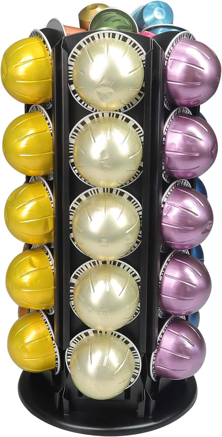 RECAPS Soporte para cápsulas de café Carrusel giratorio de 360 grados, compatible con ranura Vertuoline, 6 almacenes, 30 vainas, hierro fundido, color negro (las cápsulas de café están excluidas)
