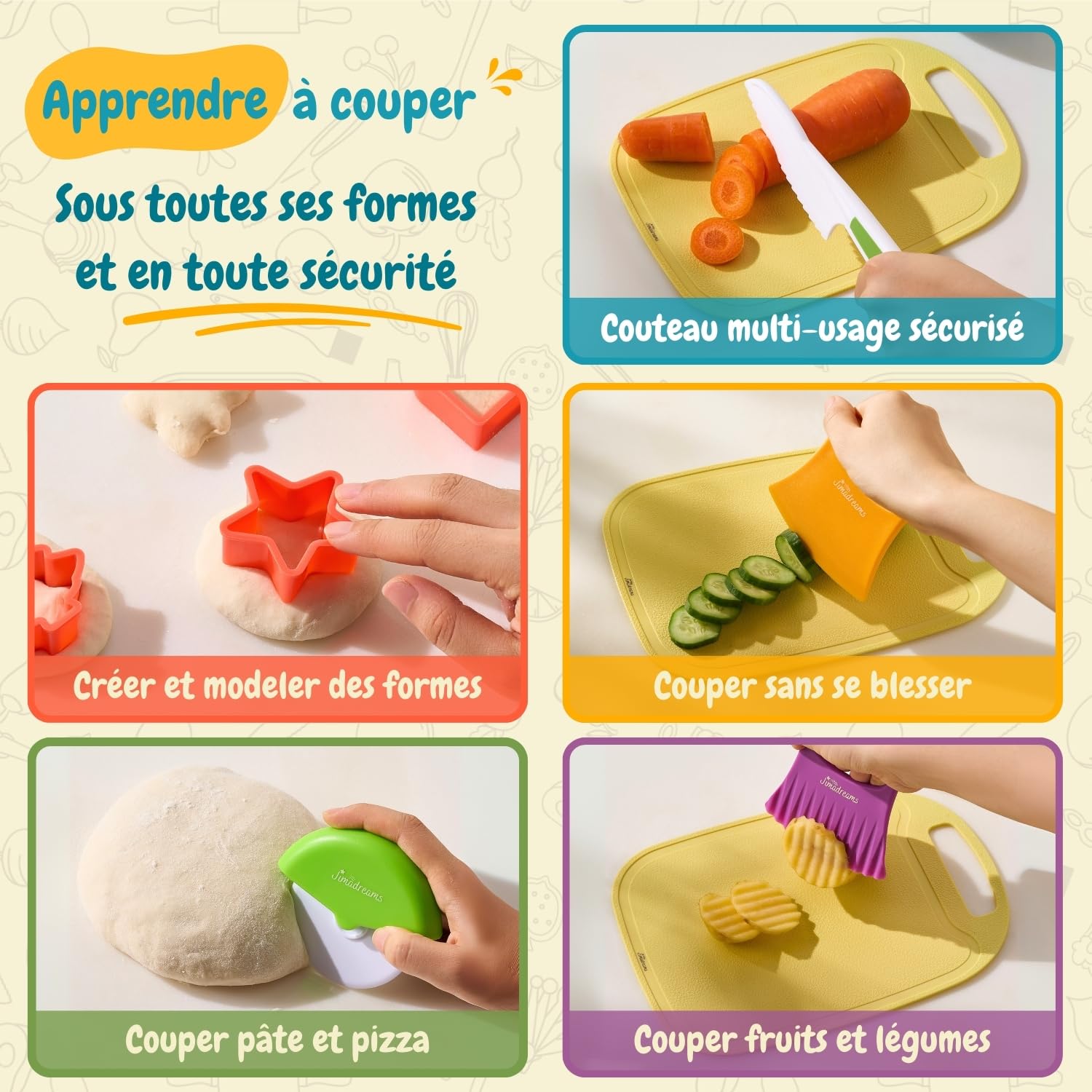 Kit Couteau Cuisine Enfant Montessori avec Tablier et Toque Ajustables - Ustensiles de Cuisine Enfant sans BPA, Set Couteaux Sécurisés, Kit Patisserie, Coffret Cadeau Petit Chef dès 3 Ans