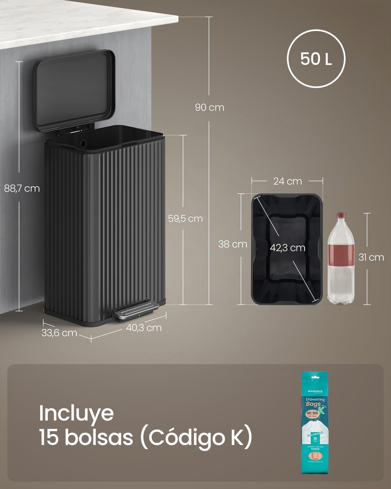 SONGMICS Cubo de basura de 13 galones con pedal, tapa de cierre suave y cubo interior extraíble, acero, 15 bolsas de basura (código K) incluidas, tinta negra LTB586BZ02