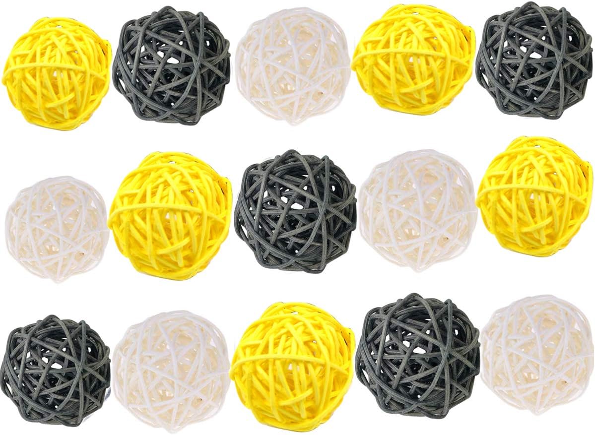ALLHEARTDESIRES 15PCS Mixed Gray Yellow White Wicker Rattan Ball Decorative Orbs Ornaments for Vase Filler Craft Wedding Table Decoration Aromatherapy Accessories