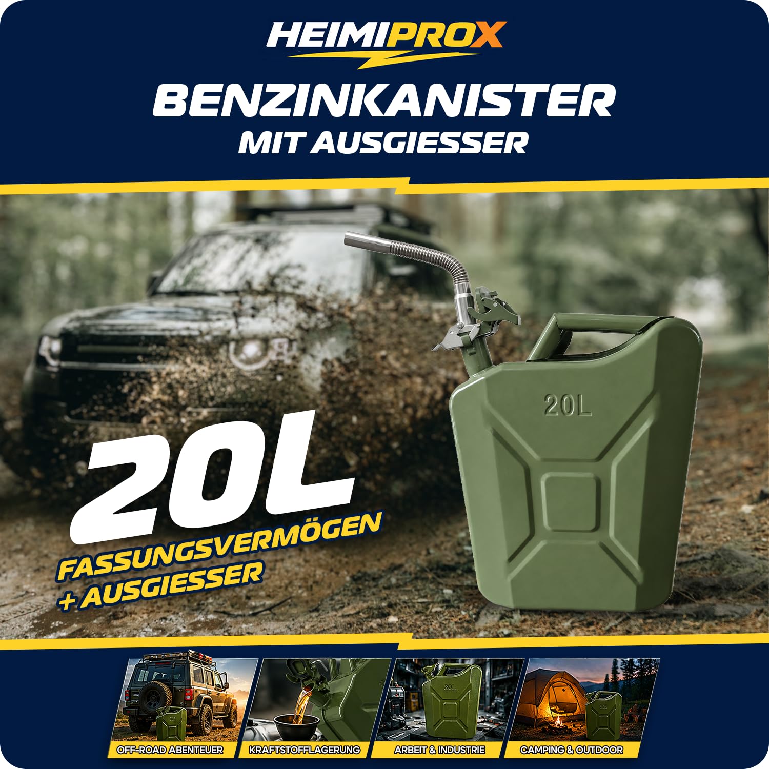 Benzinkanister 20l aus Stahl, inkl. Safety Pin - robuster Kraftstoffkanister 20l, Reservekanister für Treibstoff, Benzin, Diesel - 47x37x17cm & 3kg (Benzinkanister 20l mit Ausgießer)