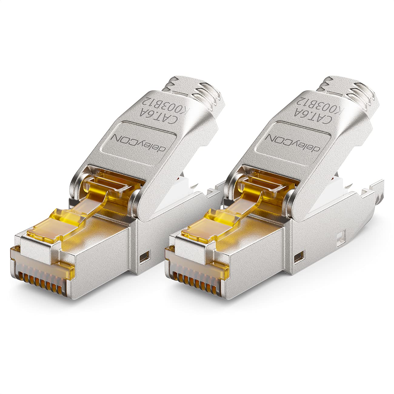 deleyCON 2x CAT 6a Wtyczka Sieciowa RJ45 Beznarzędziowy Montaż Ekranowana 10 Gbit/s Wtyczka Sieciowa do Sztywnych Surowego Kabla Sieciowego Złącze Wtykowe RJ45 Ethernet LAN DSL Kabel Krosowy