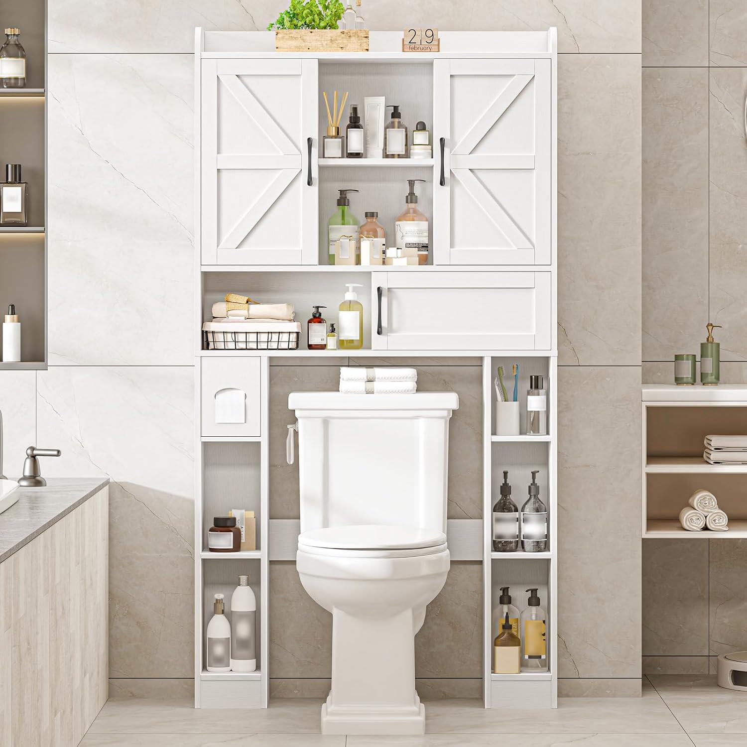 Over The Toilet Cabinet with 2 Barn Doors & Sliding Door, Farmhouse Toilet Cabinet Rack with Toilet Paper Holder Stand & Open Storage Shelf, Adjustable Organizer for Restroom, Bathroom, Laundry