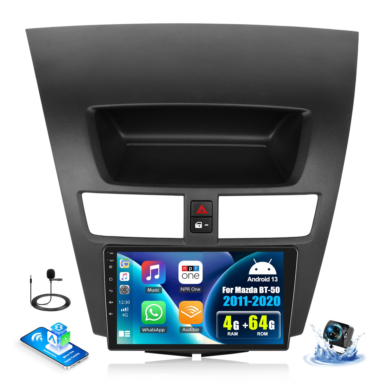 SIXWIN 4G+64G Android 13 Car Stereo for Mazda BT-50 2011-2020 9 Inch Touch Screen with CarPlay Android Auto Bluetooth Weather Forecast 59UI GPS Navigation WiFi Network Radio