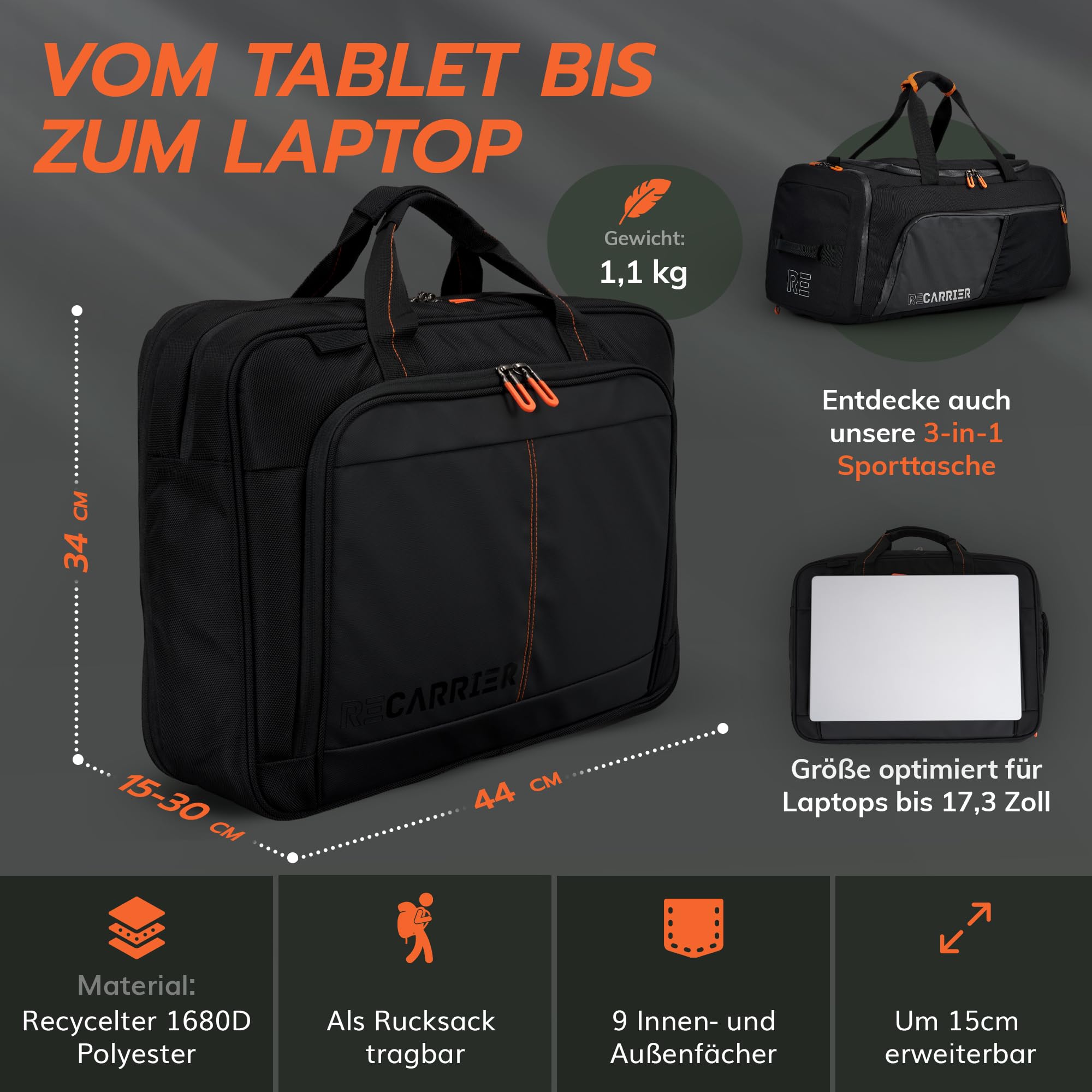 WorkBag Laptoptasche 18 Zoll aus recyceltem PET – Wasserabweisende Laptop Tasche Business Aktentasche mit Schultergurt – Große Notebook Tasche für Arbeit, Büro & Reisen