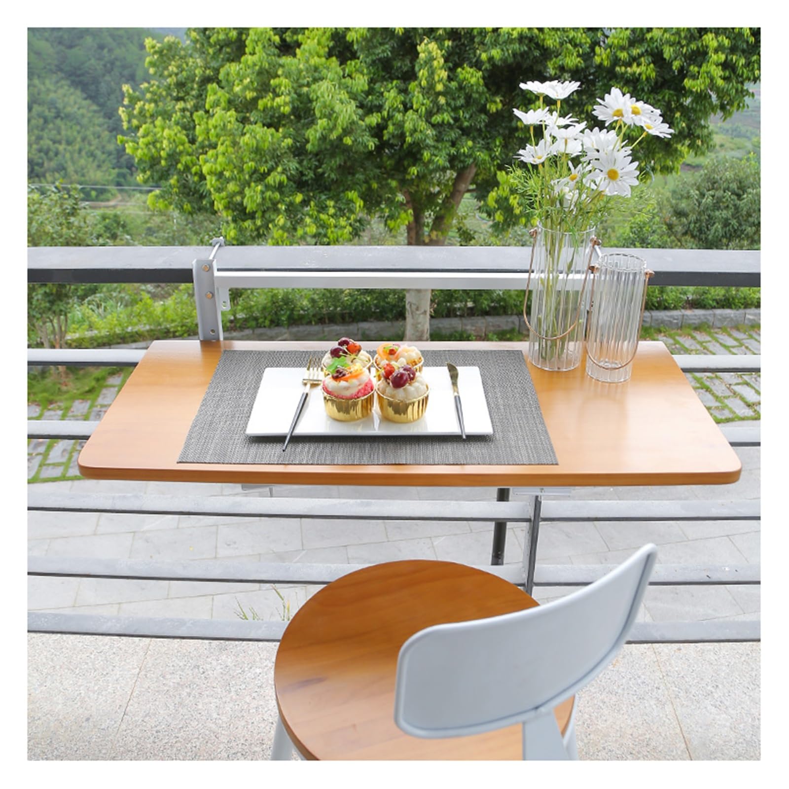 Mesa de balcón colgante plegable para barandilla de altura ajustable, ideal para patio, jardín y porche, color blanco, 23.6 x 13.8 pulgadas
