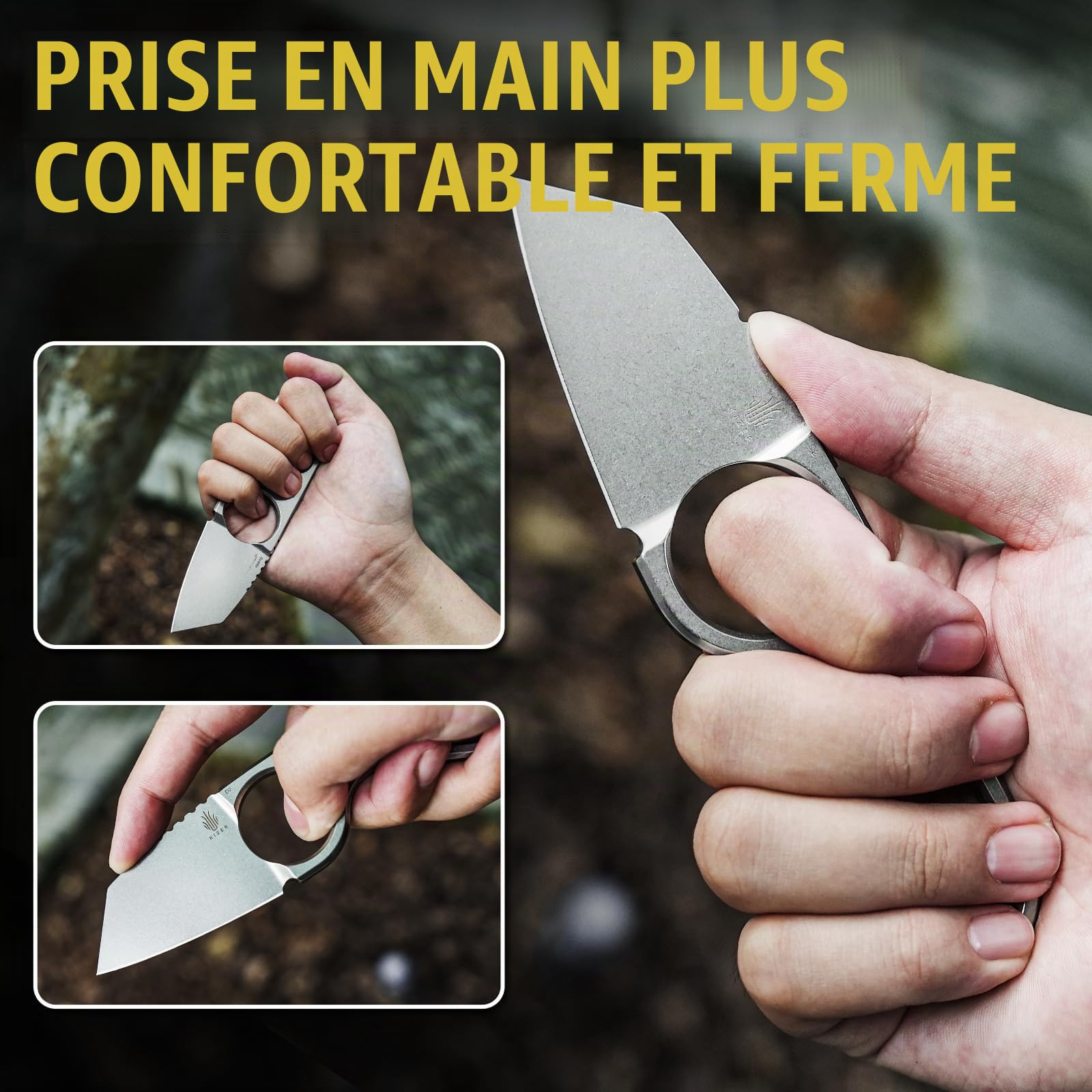 Kizer Bowtie Couteau à Lame Fixe avec Étui, Mini Couteau de EDC en Acier D2, Couteaux de Cou Stonewashed de 5,83 Pouces pour Hommes et Femmes, Couteaux de Camping de Survie Argentés, 1061A1