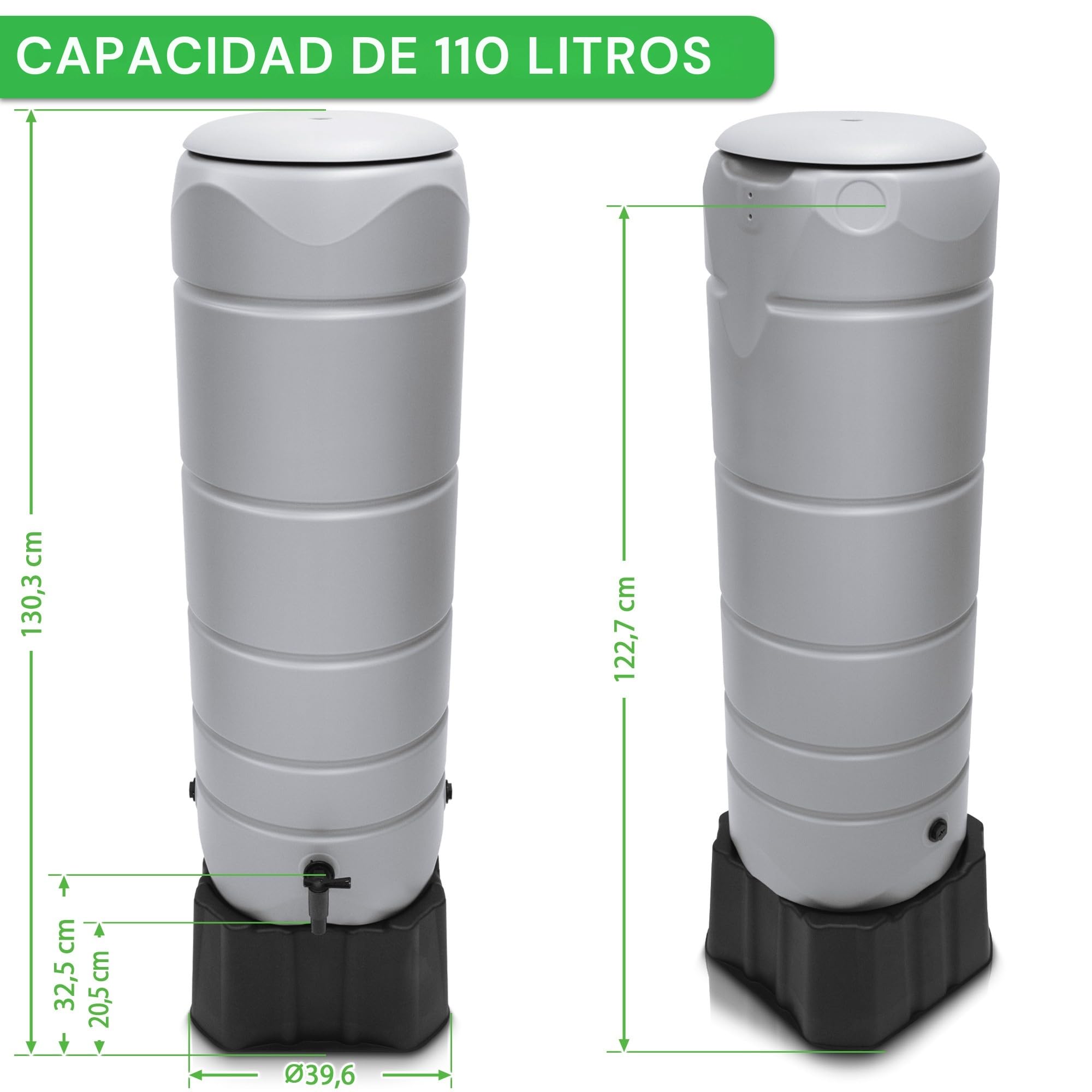 YourCasa CircleTower - Barril de lluvia (110 L, con pie, tapa y grifo, plástico a prueba de heladas, depósito de agua de lluvia, para jardín, colector de lluvia, color gris)