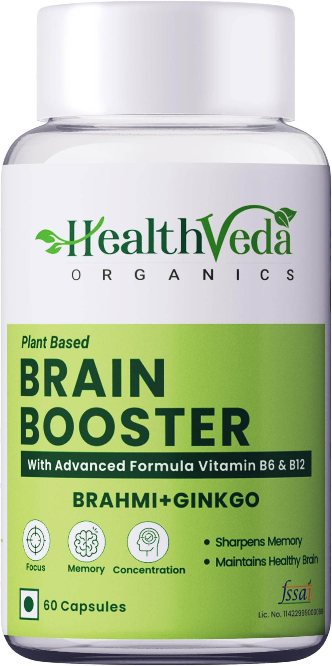 - Health Veda Organics Plant-Based Brain Booster with Ginkgo Biloba & Brahmi – Supports Memory, Focus & Concentration – 60 Veg Capsules