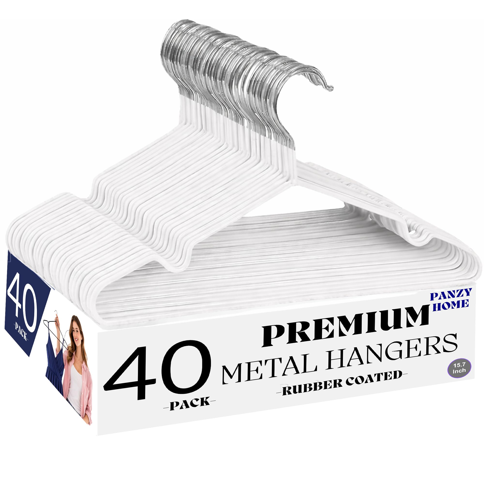Panzy Home 40 Pack Premium Rubber Coated White Metal Hangers - Heavy Duty Strong Clothes Space Saving Organiser Hangers For Wardrobes, Coat Rack, Rails & Closet (40, White)