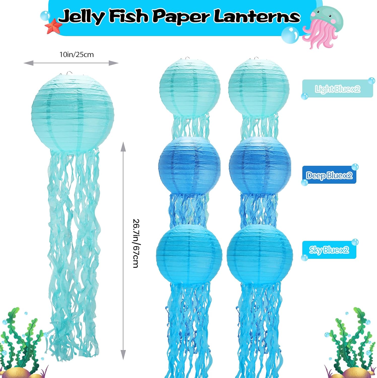 Under The Sea Decorations,Jellyfish Paper Lanterns 6Pack with String and Hooks,Hanging Jelly Fish for Mermaid,Ocean Themed,Beach,Swim Party(Blue 10Inch)