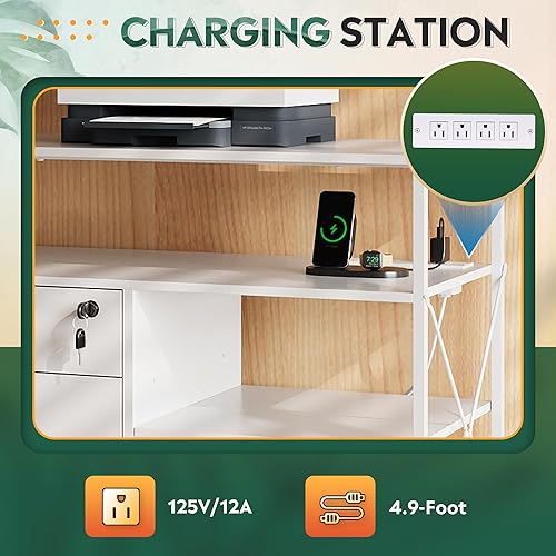 Miniatura 6 de DEVAISE Archivador con bloqueo de 2 cajones con estación de carga, soporte de impresora rodante con estante de almacenamiento abierto, archivador