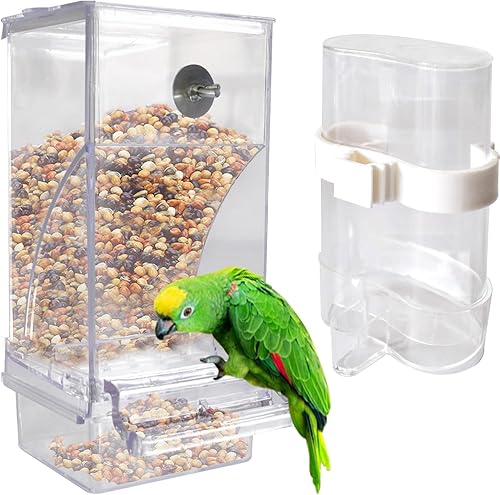 kathson Juego de dispensador de agua para pájaros sin ensuciar, alimentador automático para periquitos, jaula para bebederos, dispensador de