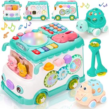 AmiDear Baby Gift for 1-2 Year Old Girl, 10-in-1 Montessori Toys Bus for Baby 6-12-18 Months+, First Christmas and Birthday Gifts, Blue Educational Musical Sensory Learning Toddler Toys Age 1-2