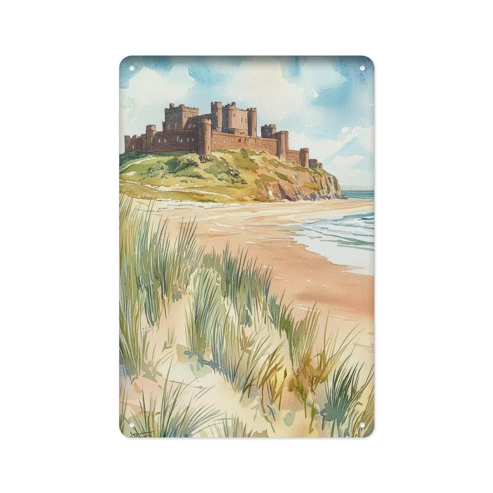 peiyeety Metal Tin Sign Bamberg Castle Watercolor, Northumberland Coast, England Coast Wall Decor, British Historical Gift 8 X 12 Inch