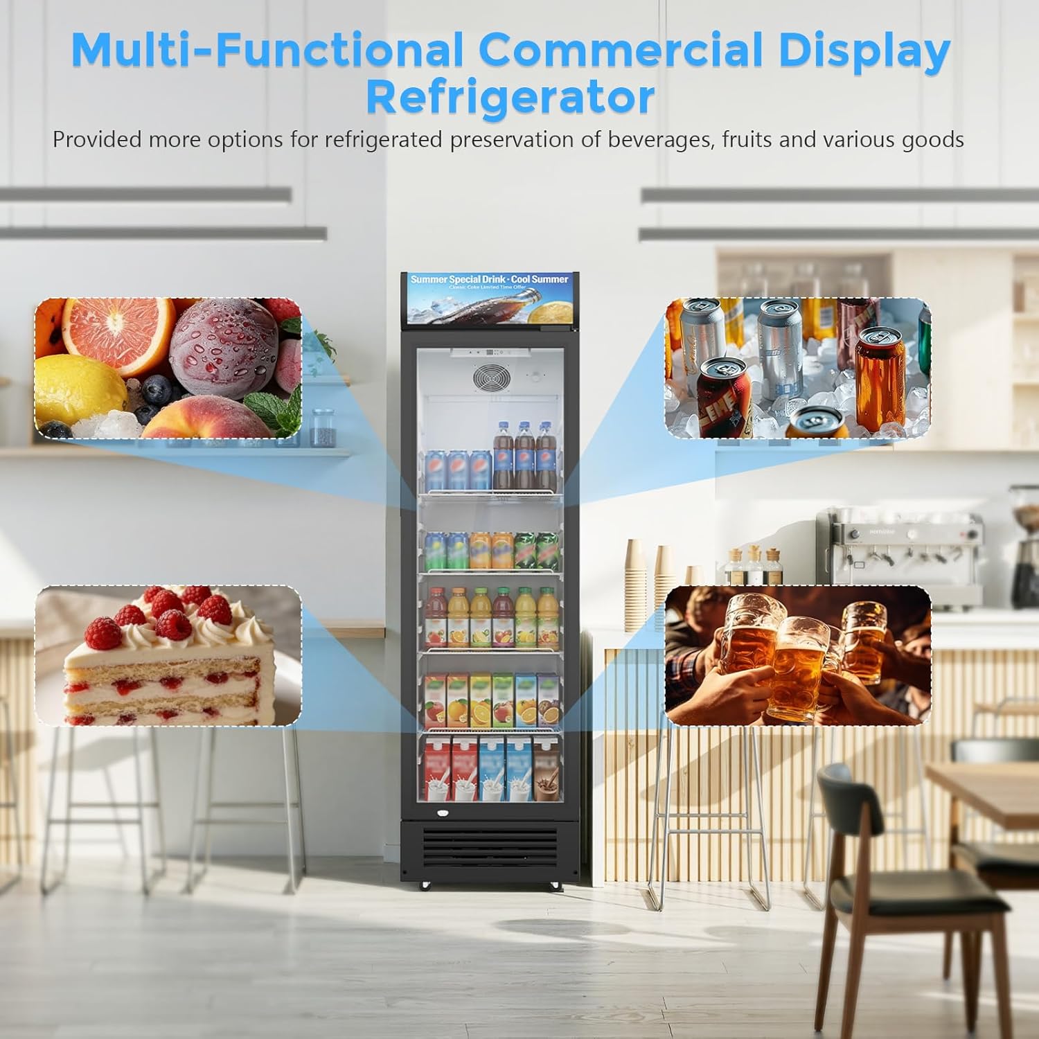 9 Cu.Ft Commercial Refrigerators, Beverage Refrigerators with Double-Tempered Glass Door, Display Fridge for Bar, Office, Restaurant, Outdoor Display Cooler with Soft LED Light and Adjustable Shelves