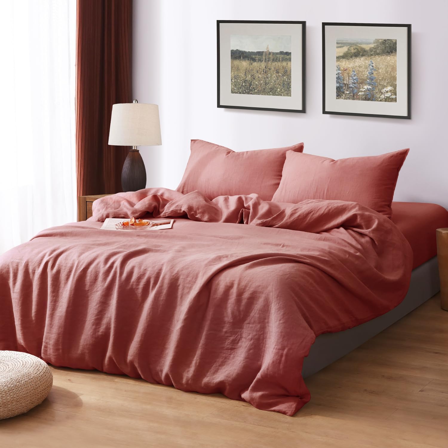 S VICTORY SYMBOL 100% Organic Linen Duvet Cover Set 3PCS Queen Size,Stone Washed French Flax Bedding,1 Comforter Cover and 2 Pillowcases Solid Color Bedding Set(Clay) image 3