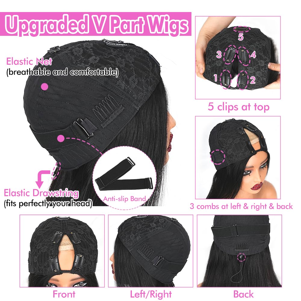 CHEETAHBEAUTY V Part Wigs Human Hair Straight V Shape Wigs for Black Women Upgrade U Part Wigs No Leave Out No Sew In No Glue Clip in Half Wigs 180% Density Natural Black 18Inch