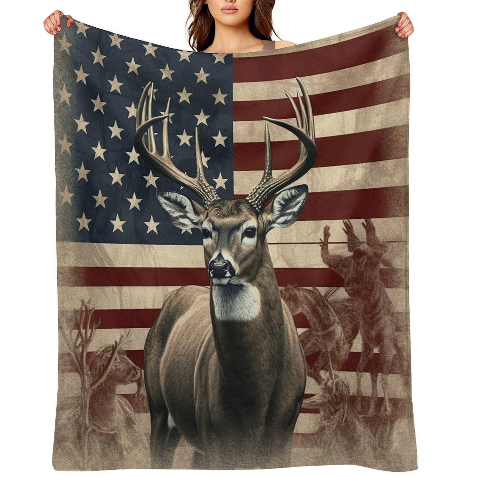 Americana Flag Deer Throw Blanket for Couch and Bed Super Soft Warm Lightweight Throw Blankets Cozy Fuzzy Flannel Blanket Personalized Decorative Blankets for Sofa Decor 40"x50"