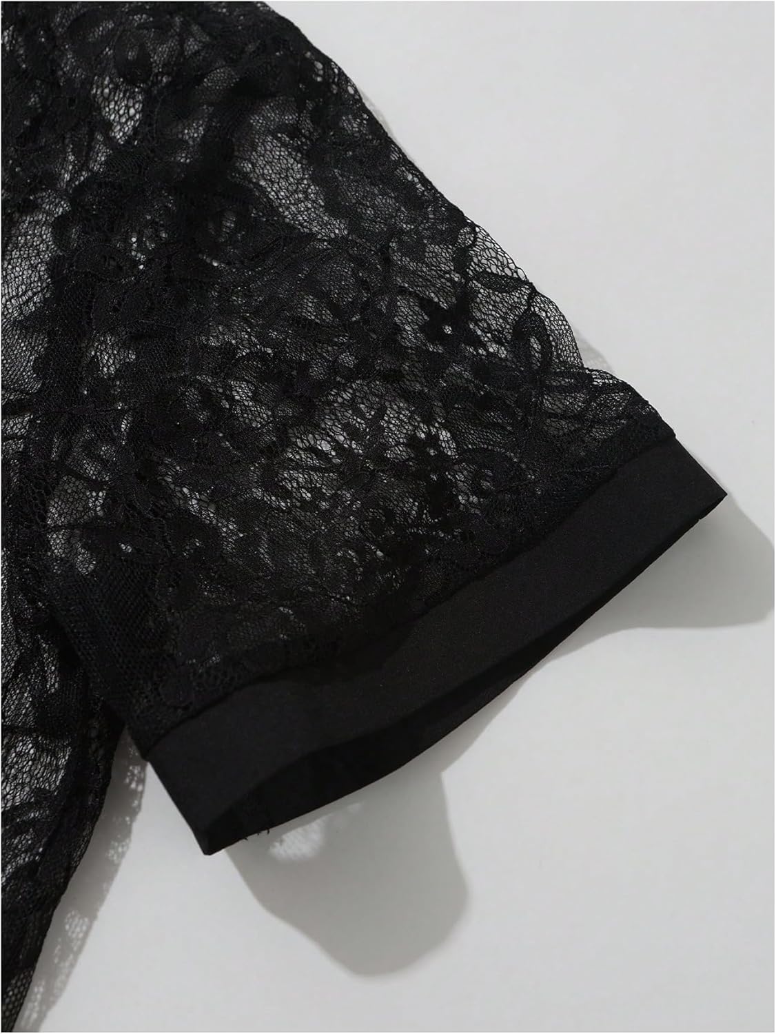 OYOANGLE Men's Floral Lace Sheer Button Up Shirt See Through Short Sleeve Collar Party Tops - Image 5