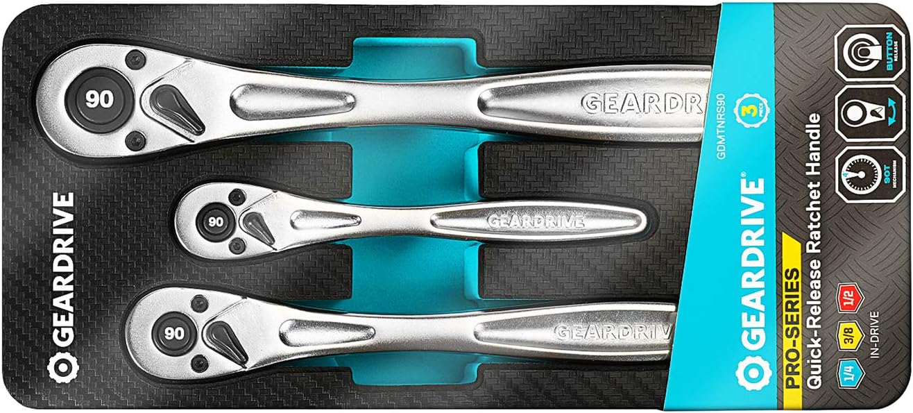 3-Piece Heavy Duty Ratchet Set, 1/4", 3/8", 1/2" Drive, 90-Tooth, Quick-release Reversible, CR-V, with EVA Organizer