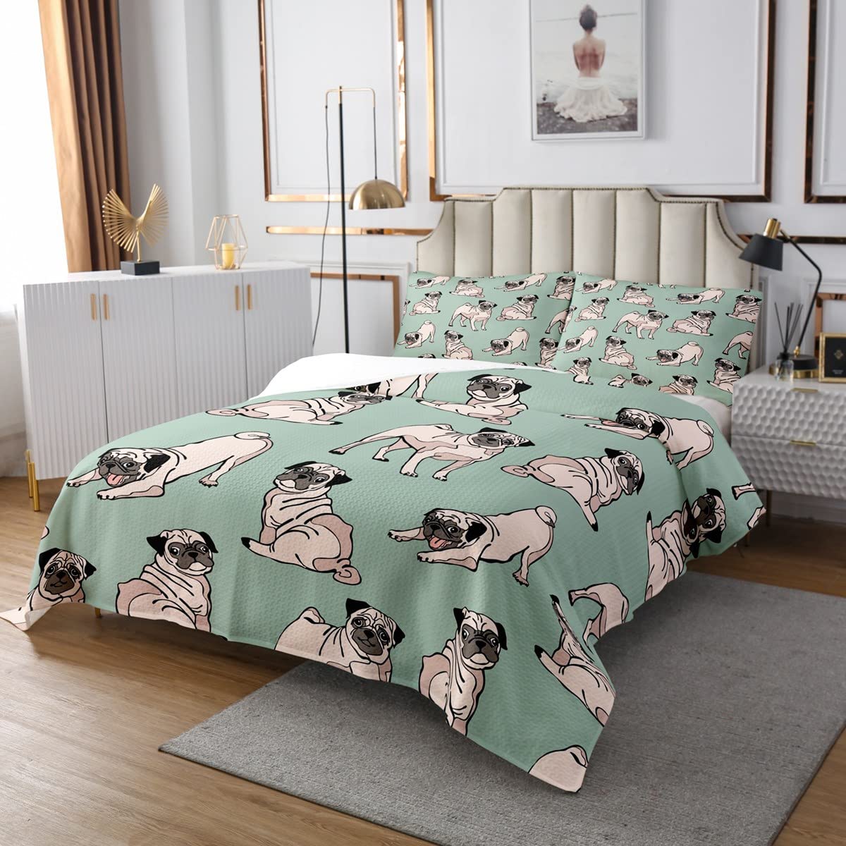 Loussiesd Słodkie psy zestaw kołder kreskówka mops pies narzuta hipisowski mops szczeniak pikowana narzuta na łóżko dla dzieci dorosłych kawaii zwierzę ultra miękka pościel podwójny rozmiar zestaw