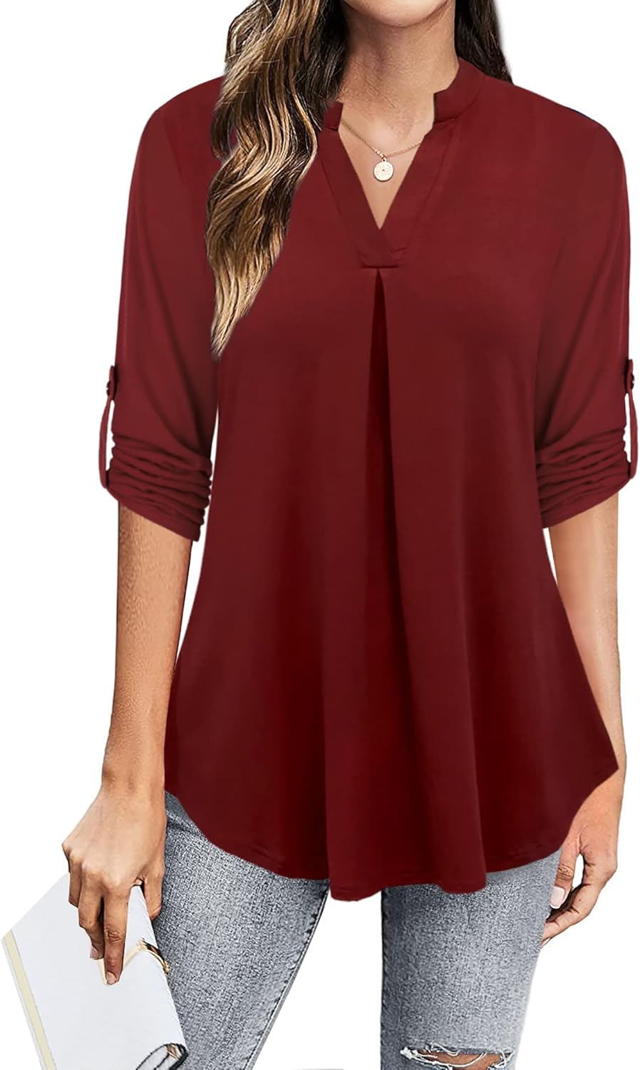 Ninedaily Womens Tops Dressy Casual 3/4 Sleeve V Neck Chiffon Shirt Work Blouses - Image 2
