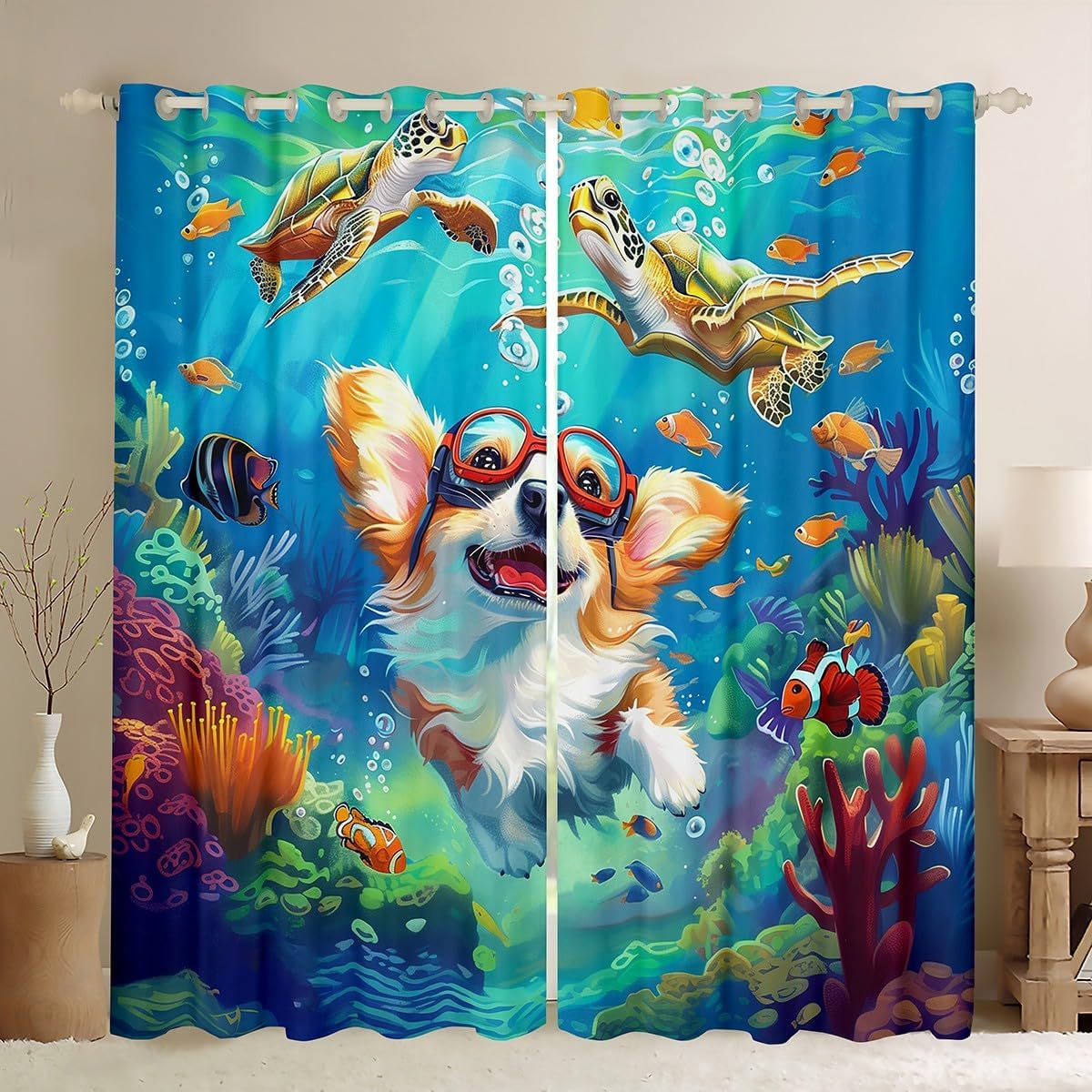 Corgi Dog Curtains,Kids Adults Teens Room Decor Underwater Dogs Sea Turtle Boys Girls Window Treatment Curtain,Nautical Ocean Animals Window Drapes,Top 2 Panel,42Wx63L