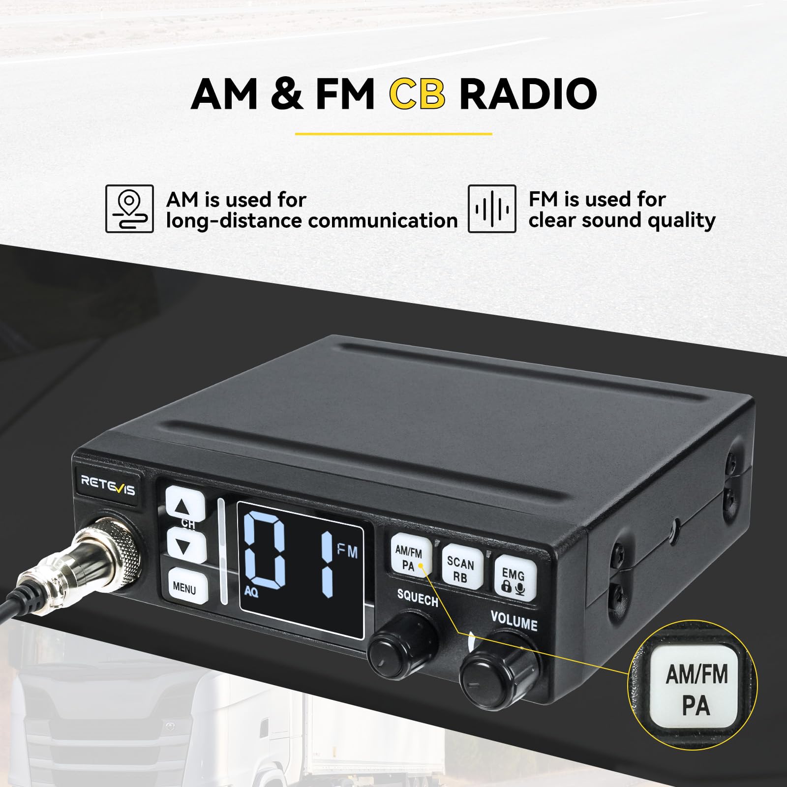 Retevis MB63 CB Radio, CB Radio Kompletny z Anteną, Wyświetlacz LCD, AM/FM, VOX, SQ/ASQ, EMG CH9/19, CB Radio Ręczne do Samochodu (1 Sztuk, Czarny)